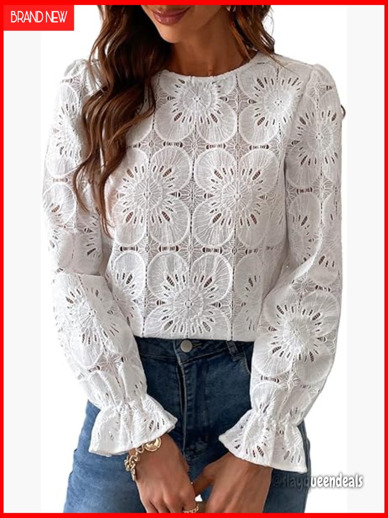Women's Eyelet Long Sleeve Blouse Crochet Lace Embroidered Peplum Top